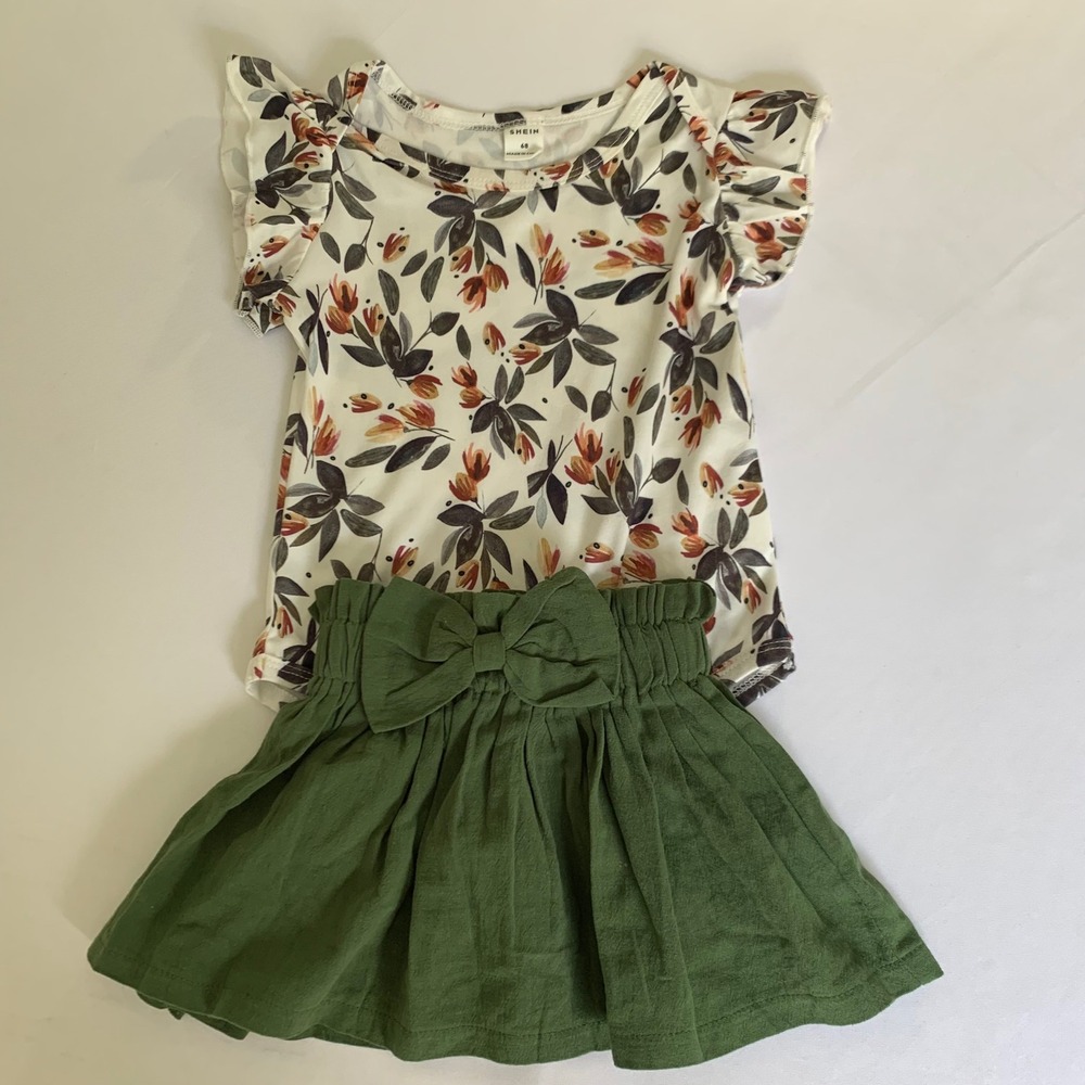 SHEIN Bodysuit Skirt Set Baby Girls 68 Green Floral Flutter Sleeve‎ Boho Fall